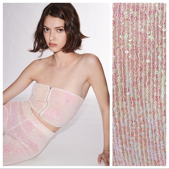 NWT. Zara Cream/Pink Sequinned Crop Top. Size M. - Picture 3 of 13